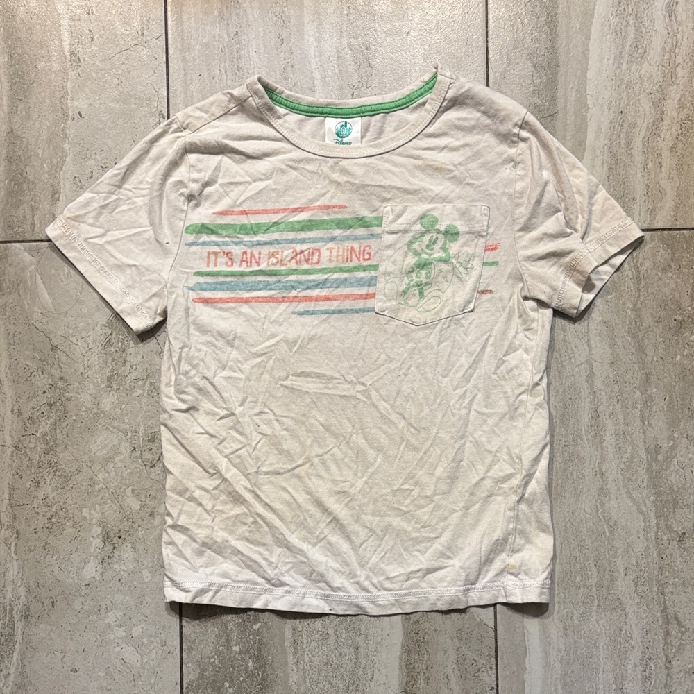 Disney Kids Cream Tee with Green and Coral Stripe Graphic